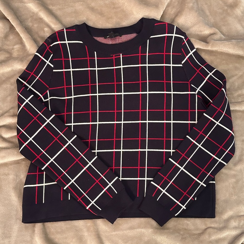 Mango Navy Plaid Knit Sweater Medium Preppy Grid Crewneck